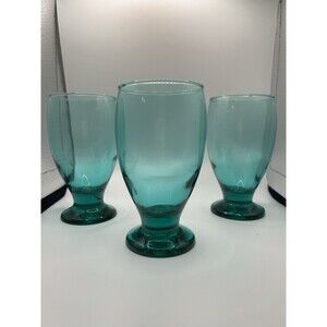 Cristar Turquoise Water Glasses Goblets Footed Hand Blown 10 Oz Set of 3
